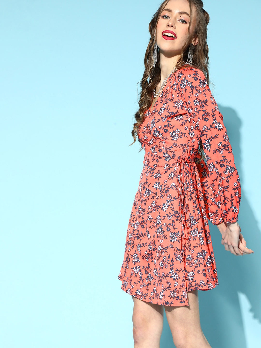 Navy Blue Floral Printed Crepe Wrap Dress